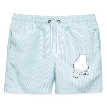 Rückansicht Flauschige Katzensilhouette - Männer Badeshorts - hellblau gestreift - Vorne - AI Model Male 178 light (178cm)