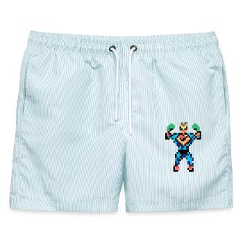 Pixel-Art-Superheld – Starker Mann, der Muskeln zeigt - Männer Badeshorts - hellblau gestreift - Vorne - AI Model Male 178 light (178cm)