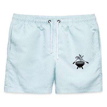 BBQ-Grill darüber Gabeln mit Wurst - Männer Badeshorts - hellblau gestreift - Vorne - AI Model Male 178 light (178cm)