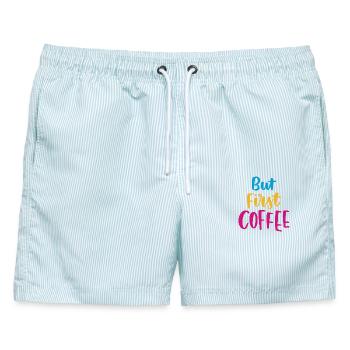 Aber erster Kaffee - Männer Badeshorts - hellblau gestreift - Vorne - AI Model Male 178 light (178cm)