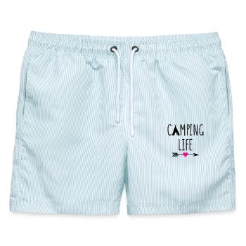Leben auf dem Campingplatz - Männer Badeshorts - hellblau gestreift - Vorne - AI Model Male 178 light (178cm)