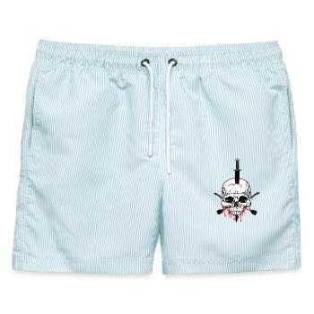 Schädel mit Schwert und zwei Blut durchbohrt - Männer Badeshorts - hellblau gestreift - Vorne - AI Model Male 178 light (178cm)