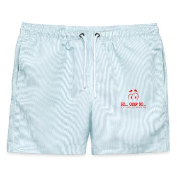 So...Oder So: Hässlicher Vogel - Rot - Männer Badeshorts - hellblau gestreift - Vorne - AI Model Male 178 light (178cm)