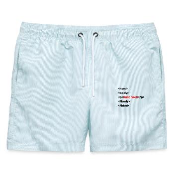 Hallo Welt HTML – Lustiges Programmierer & Coding  - Männer Badeshorts - hellblau gestreift - Vorne - AI Model Male 178 light (178cm)
