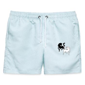 Zwei übereinander stehende Pferde schwarz und weiß - Männer Badeshorts - hellblau gestreift - Vorne - AI Model Male 178 light (178cm)