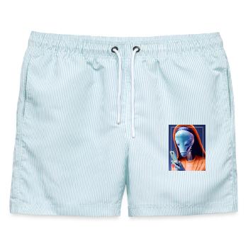 Außerirdischer Selfie Streetwear - Männer Badeshorts - hellblau gestreift - Vorne - AI Model Male 178 light (178cm)