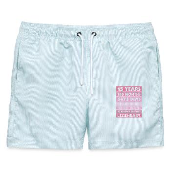 15 years legendary - Jubiläum - Firma - Jahrestag - Männer Badeshorts - hellblau gestreift - Vorne - AI Model Male 178 light (178cm)