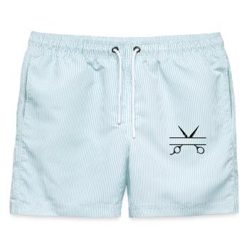 Text banner logo friseur öffnen schere - Männer Badeshorts - hellblau gestreift - Vorne - AI Model Male 178 light (178cm)