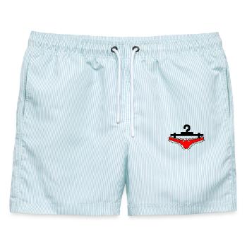 Dessous-Slips oder Damenunterhosen hängen an der Kleidung - Männer Badeshorts - hellblau gestreift - Vorne - AI Model Male 178 light (178cm)