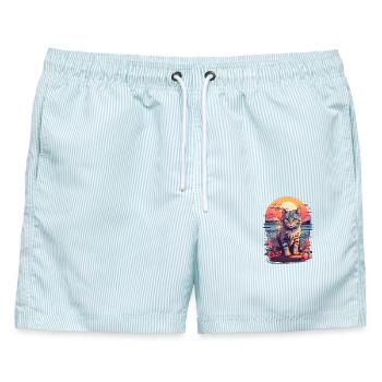 Katzen Motiv Süß, Sonnenuntergangskatze am Meer - Männer Badeshorts - hellblau gestreift - Vorne - AI Model Male 178 light (178cm)