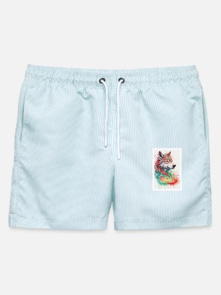 Wasserfarben Wolf Portrait - Männer Badeshorts - hellblau gestreift