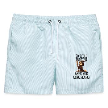 So viele Idioten, aber nur eine Sense - Schwarz - Männer Badeshorts - hellblau gestreift - Vorne - AI Model Male 178 light (178cm)