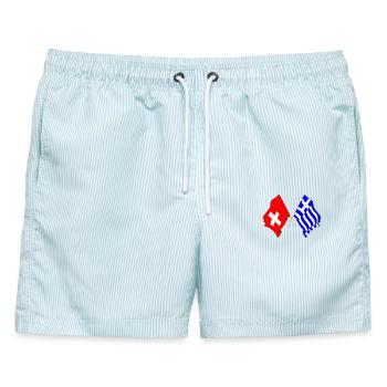 Flagge der Schweiz und Flagge Griechenland - Männer Badeshorts - hellblau gestreift - Vorne - AI Model Male 178 light (178cm)
