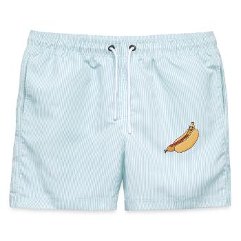 entspannte Bockwurst im Brötchen - Männer Badeshorts - hellblau gestreift - Vorne - AI Model Male 178 light (178cm)