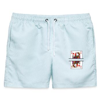 Spielkarte Karo-Dame mit Bannerplatz - Männer Badeshorts - hellblau gestreift - Vorne - AI Model Male 178 light (178cm)