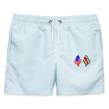 Flagge USA und Flagge Suriname - Männer Badeshorts - hellblau gestreift - Vorne - AI Model Male 178 light (178cm)