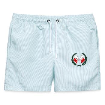 Flaggen der Provinz Wallis, Schweiz, Lorbeerkranz - Männer Badeshorts - hellblau gestreift - Vorne - AI Model Male 178 light (178cm)