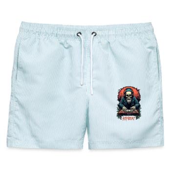 RIPBEAT: Skelett mit einem Synthesizer - Männer Badeshorts - hellblau gestreift - Vorne - AI Model Male 178 light (178cm)