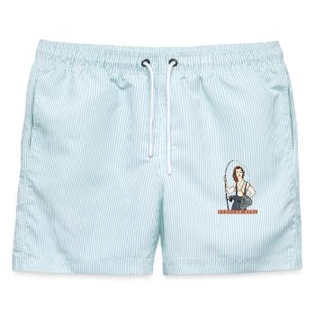 Mädchen beim Angeln - Männer Badeshorts - hellblau gestreift - Vorne - AI Model Male 178 light (178cm)