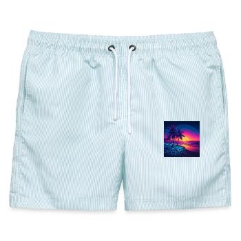 Neon Sonnenuntergang Palmenstrand - Männer Badeshorts - hellblau gestreift - Vorne - AI Model Male 178 light (178cm)