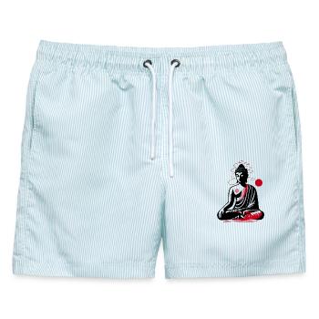 Buddha im Lotussitz – Meditation und innere Ruhe - Männer Badeshorts - hellblau gestreift - Vorne - AI Model Male 178 light (178cm)