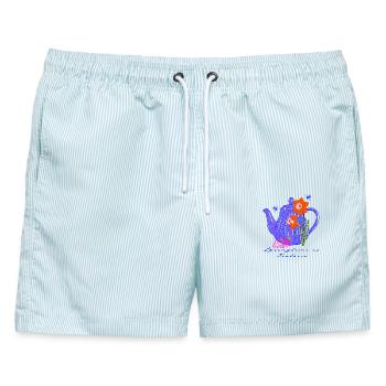 Blüten-Teekanne im Frühlingsrausch - Männer Badeshorts - hellblau gestreift - Vorne - AI Model Male 178 light (178cm)