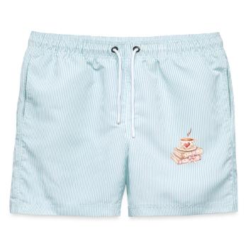 Liebe schlürfen: Kaffee und Bücher - Männer Badeshorts - hellblau gestreift - Vorne - AI Model Male 178 light (178cm)