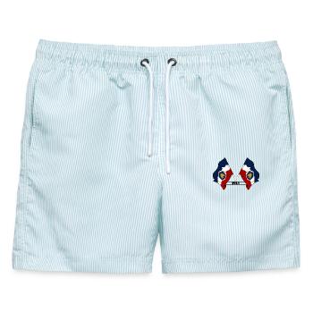 Zwei Flaggen mit dem Text UTAH - Männer Badeshorts - hellblau gestreift - Vorne - AI Model Male 178 light (178cm)