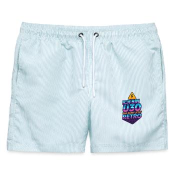 Ich bin Ü30 und damit jetzt Retro – 80s Fun Design - Männer Badeshorts - hellblau gestreift - Vorne - AI Model Male 178 light (178cm)
