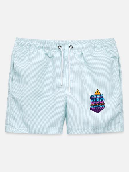 Ich bin Ü30 und damit jetzt Retro – 80s Fun Design - Männer Badeshorts - hellblau gestreift