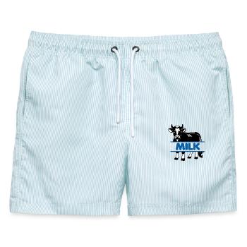 Milchkuh mit blauem Text "MILK" - Männer Badeshorts - hellblau gestreift - Vorne - AI Model Male 178 light (178cm)