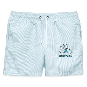 NEUKÖLLN, Stadtteil von Berlin - Männer Badeshorts - hellblau gestreift - Vorne - AI Model Male 178 light (178cm)
