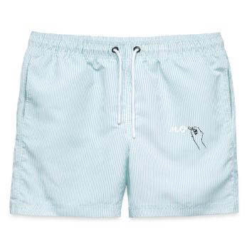 Hand mit Kreide schreibt NO - Männer Badeshorts - hellblau gestreift - Vorne - AI Model Male 178 light (178cm)