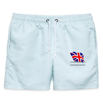 Britische Flagge mit eigenem Text – persönliches Design - Männer Badeshorts - hellblau gestreift - Vorne - AI Model Male 178 light (178cm)