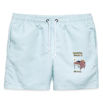 Kritische Amerika Illustration mit Flagge - Männer Badeshorts - hellblau gestreift - Vorne - AI Model Male 178 light (178cm)