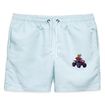 ATV Fahrer Cartoon im Gelbhelm - Männer Badeshorts - hellblau gestreift - Vorne - AI Model Male 178 light (178cm)