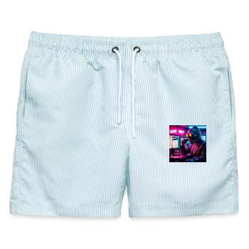 Cyberpunk Neon-Skull Hacker Send Help Design - Männer Badeshorts - hellblau gestreift - Vorne - AI Model Male 178 light (178cm)