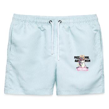 Freches Einhorn – Pass auf mein Freund! - Männer Badeshorts - hellblau gestreift - Vorne - AI Model Male 178 light (178cm)