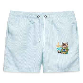 Katze Kaffee Morgenmuffel Lustig Introvertiert - Männer Badeshorts - hellblau gestreift - Vorne - AI Model Male 178 light (178cm)