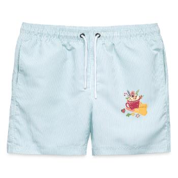  Weihnachtstasse mit Lebkuchenhaus Advent  - Männer Badeshorts - hellblau gestreift - Vorne - AI Model Male 178 light (178cm)