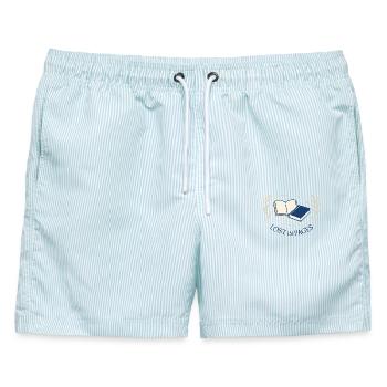 Zwischen den Seiten - Männer Badeshorts - hellblau gestreift - Vorne - AI Model Male 178 light (178cm)