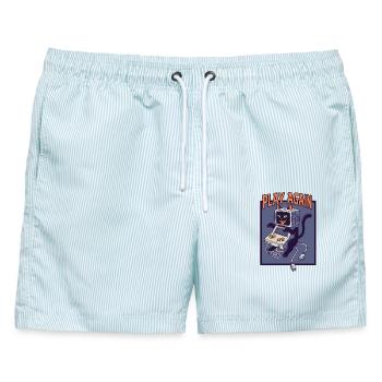 Play Again: Retro-Katze mit Spielkonsole - Männer Badeshorts - hellblau gestreift - Vorne - AI Model Male 178 light (178cm)