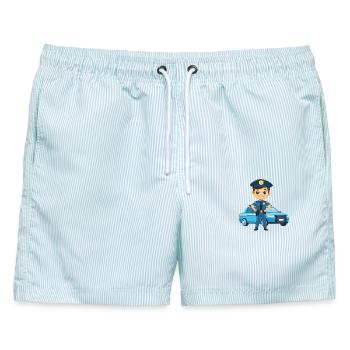 Polizeiheld Cartoon vor Polizeiauto - Männer Badeshorts - hellblau gestreift - Vorne - AI Model Male 178 light (178cm)