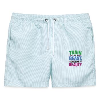 Trainiere wie ein Tier, sieh aus wie eine Schönheit - Männer Badeshorts - hellblau gestreift - Vorne - AI Model Male 178 light (178cm)