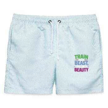 Trainiere wie ein Tier, sieh aus wie eine Schönheit - Männer Badeshorts - hellblau gestreift - Vorne - AI Model Male 178 light (178cm)