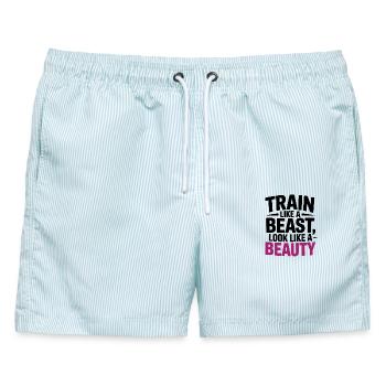 Trainiere wie ein Tier, sieh aus wie eine Schönheit - Männer Badeshorts - hellblau gestreift - Vorne - AI Model Male 178 light (178cm)