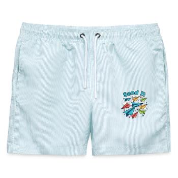 Send It Papierflugzeuge - Männer Badeshorts - hellblau gestreift - Vorne - AI Model Male 178 light (178cm)