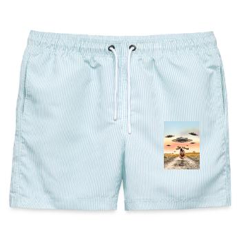 Hund und UFO Geschenk für Science Fiction Fans - Männer Badeshorts - hellblau gestreift - Vorne - AI Model Male 178 light (178cm)
