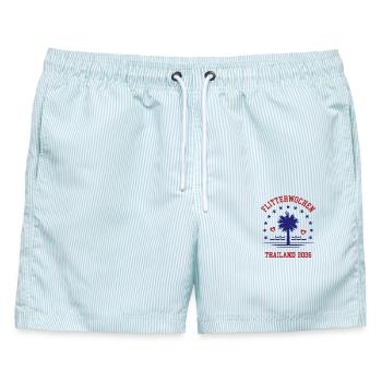 Flitterwochen Thailand 2026 Hochzeitsreise - Männer Badeshorts - hellblau gestreift - Vorne - AI Model Male 178 light (178cm)