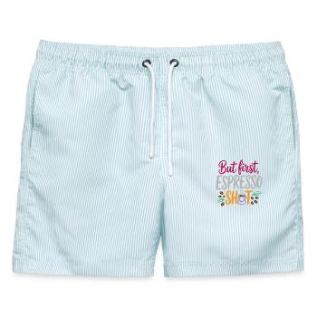 Aber erster Espresso-Shot - Männer Badeshorts - hellblau gestreift - Vorne - AI Model Male 178 light (178cm)